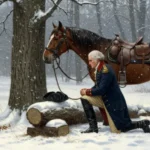 George Washington Praying by his horse in the snow in the revolutionary war.