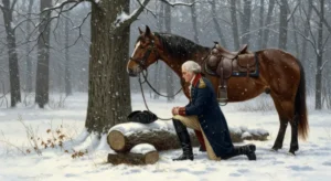 George Washington Praying by his horse in the snow in the revolutionary war.